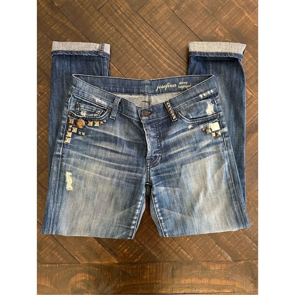🌸 Seven For All Mankind Josefina Skinny Boyfriend Cuffed Studded Denim Jeans Siz